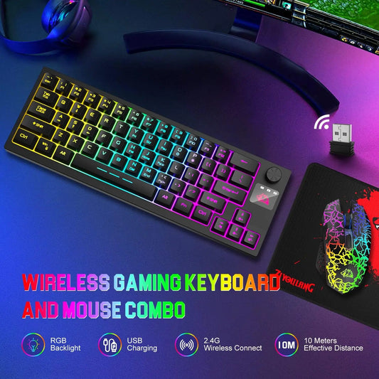Wireless Keyboard and Mouse Combo, Rechargeable RGB LED Backlit 64 Keys Compact