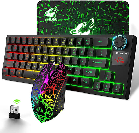 Wireless Keyboard and Mouse Combo, Rechargeable RGB LED Backlit 64 Keys Compact